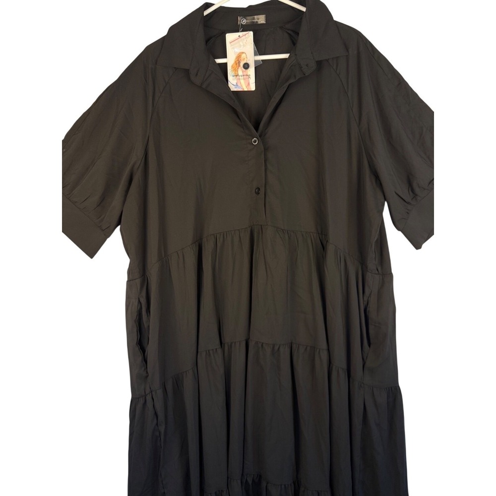 Womens Black Tiered Midi Dress XXL Short Sleeve Collared Button Front Flowy Casu